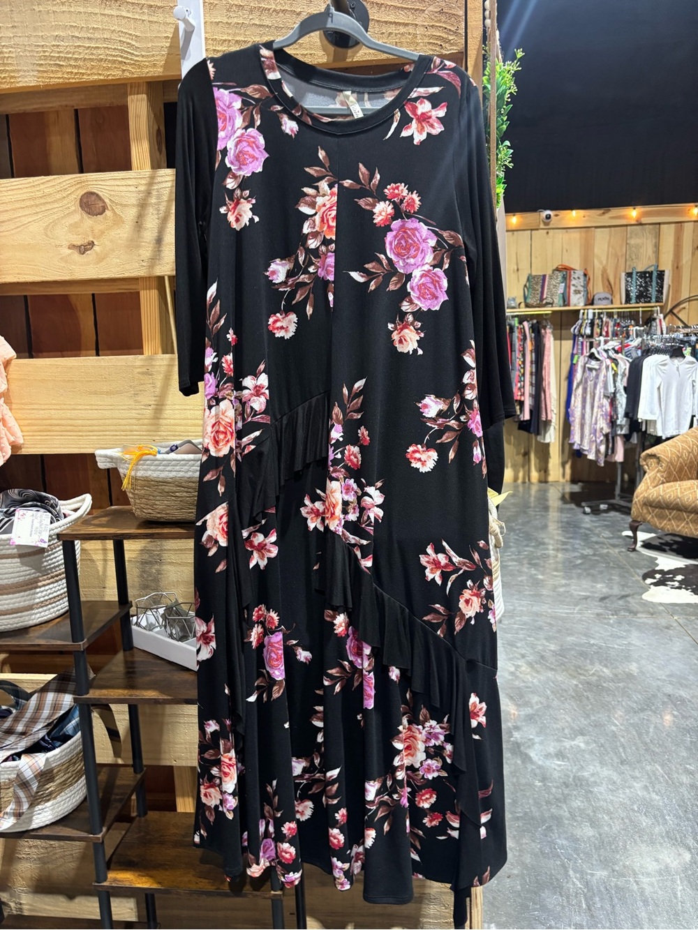 Celeste Black Midi Dress with Pink Floral Print